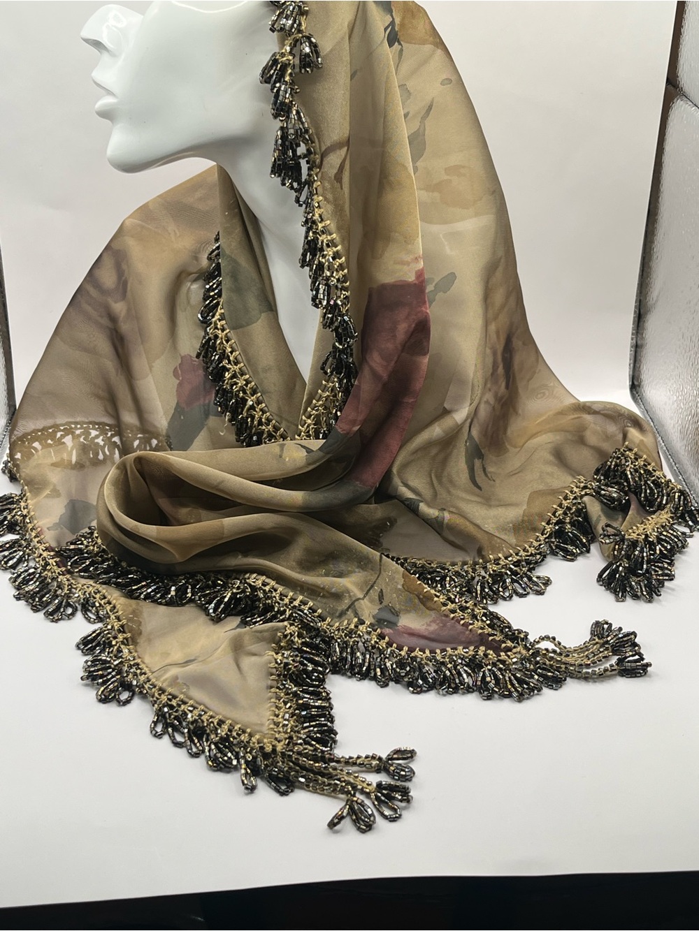 Designer Triangle Sheer Beaded Fringe Shawl/Scarf Foulard Floral Rose Pattern